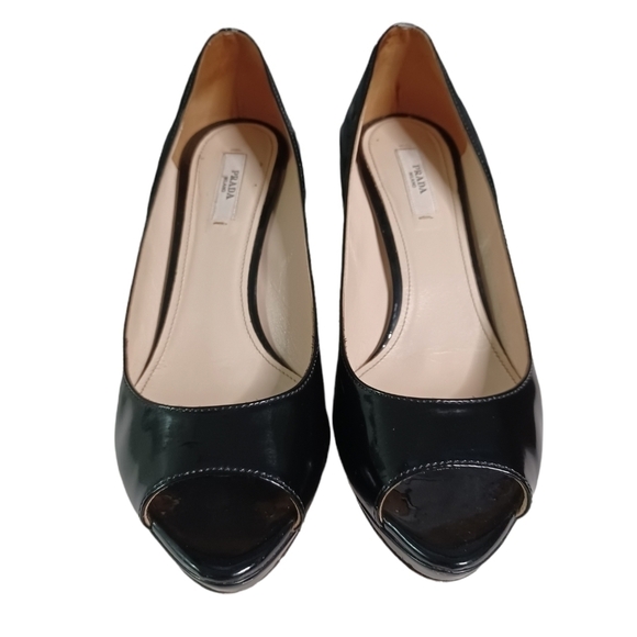 PRADA Black Vernice Patent Leather Peep Toe Heels Stilletos w Platforms … - Picture 4 of 13